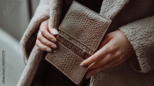 Elegant Croc-Embossed Leather Wallet in Beige Coat