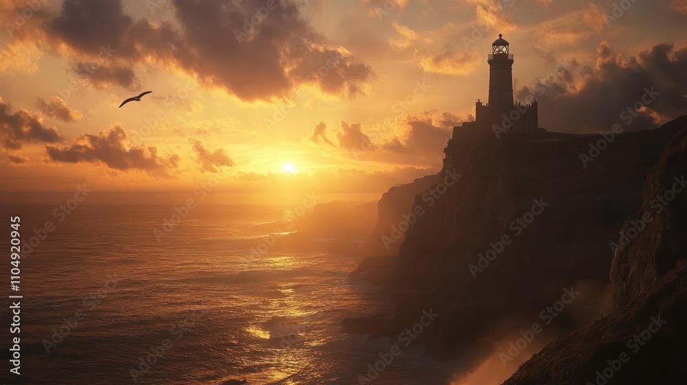 Lighthouse Sunset Seascape: A Dramatic Coastal Vista Lighthouse Sunset Seascape: A Dramatic Coastal Vista