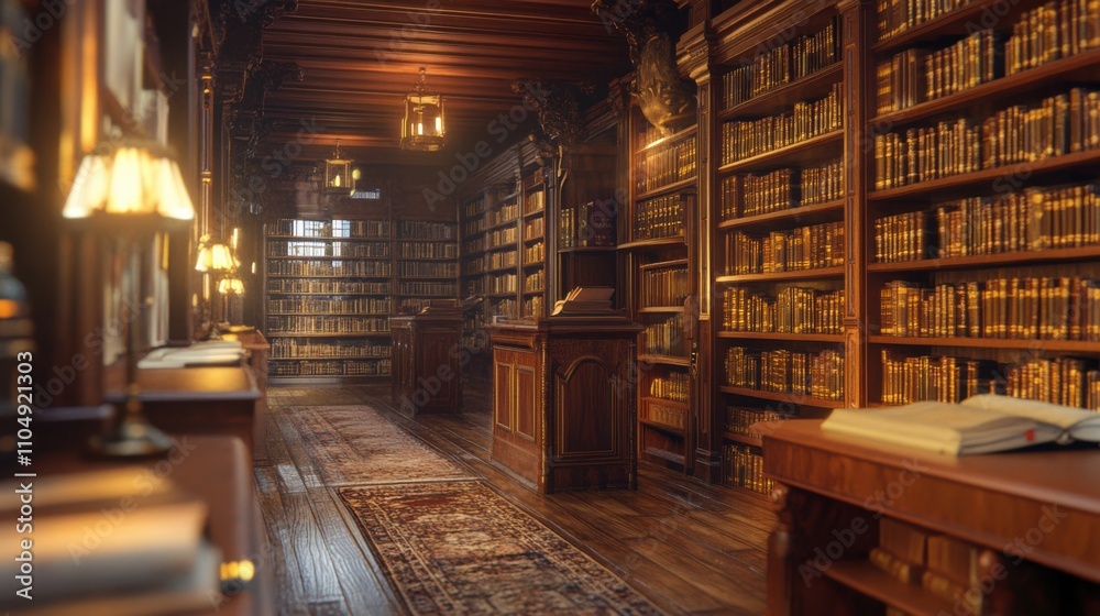 Classic library scene with detailed rows of books, Classic library scene with detailed rows of books,