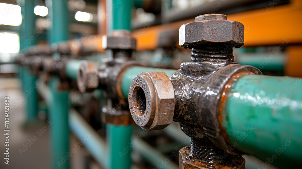 Close-up of industrial pipes in factory setting.