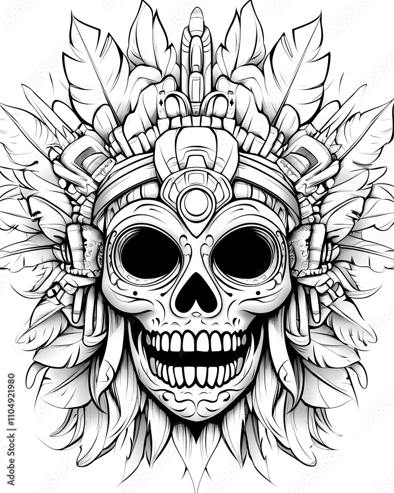 Fototapeta premium A skull with a feather headdress and a smiling mouth. The skull is surrounded by a feathery design