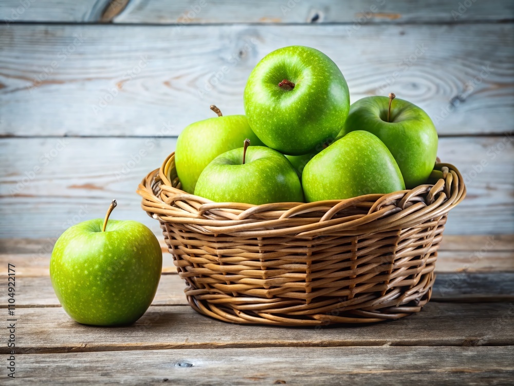 Ripe Green Apples in Wicker Basket - Landscape Photography