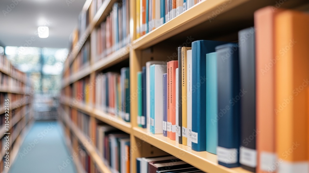 Close-up of educational books neatly arranged on library shelves, Close-up of educational books neatly arranged on library shelves,