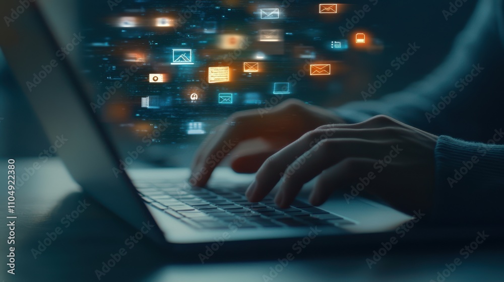 Close-up of hands typing on a laptop with floating icons for internet,