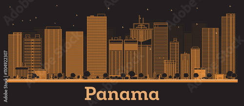 Outline Panama City Skyline with orange buildings. Business Travel and Concept with Modern Architecture. Panama Cityscape with Landmarks.