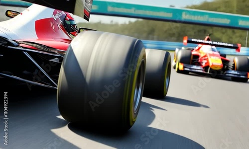 Dynamic close-up of a racing car tire on a track, showcasing speed.