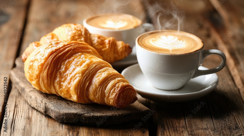 Close-up of hot coffee and buttery croissant on a rustic wooden Close-up of hot coffee and buttery croissant on a rustic wooden