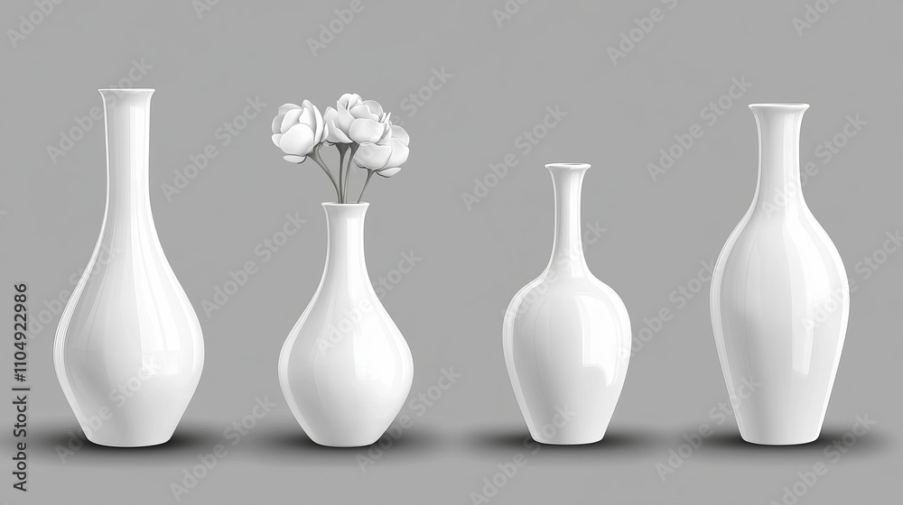 Ceramic vase for flowers. Realistic 3d vector illustration set of white different shape blank glossy porcelain bottle and pot for home interior decoration. Blossom holder clay pottery mockup.