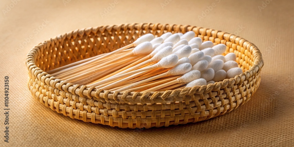Sustainable Rattan Tray, Eco-Friendly Cotton Swabs, Beige Background, Low Light Sustainable Rattan Tray, Eco-Friendly Cotton Swabs, Beige Background, Low Light