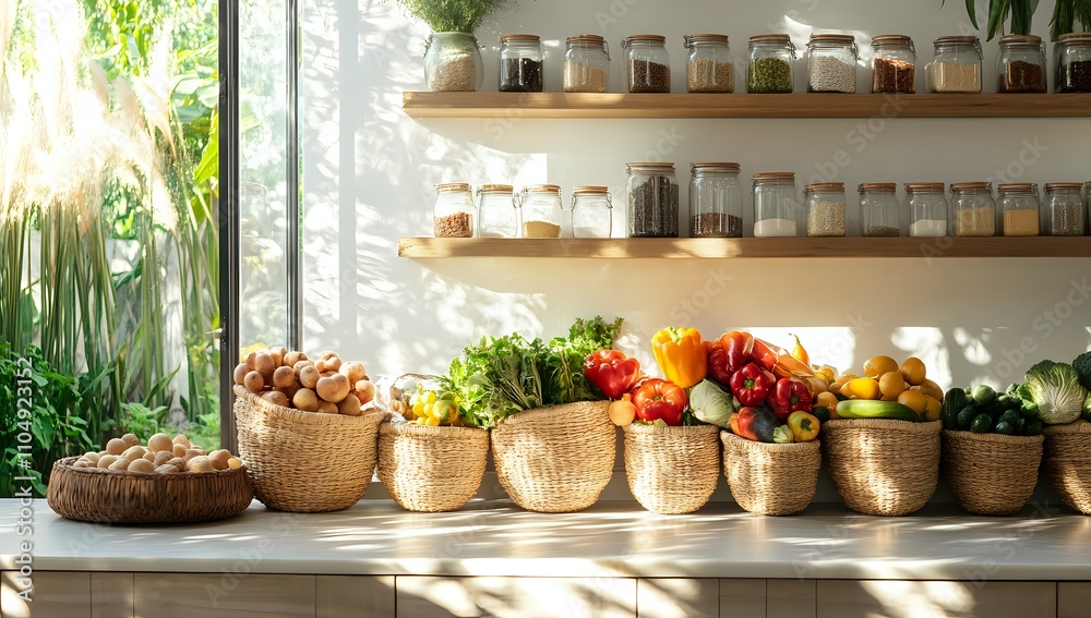 Fototapeta premium Sunlit Kitchen Counter with Fresh Produce in Woven Baskets, Healthy Eating and Organic Food Concept