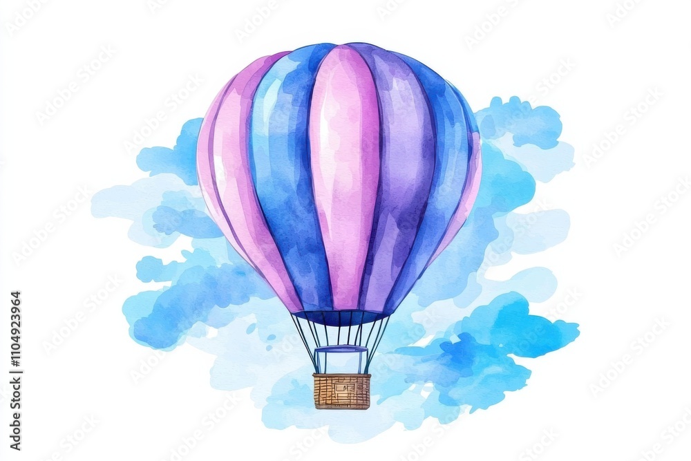 Fototapeta premium Colorful watercolor clipart hot air balloon in blue sky travel illustration aerial view adventure