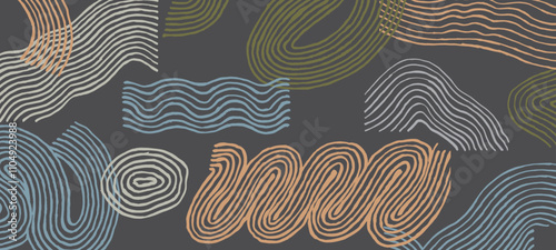 Hand drawn ink brush line, wood block abstract designs and shapes combination pattern, Cute and fun Japanese style crafted simple background for textile and carpet