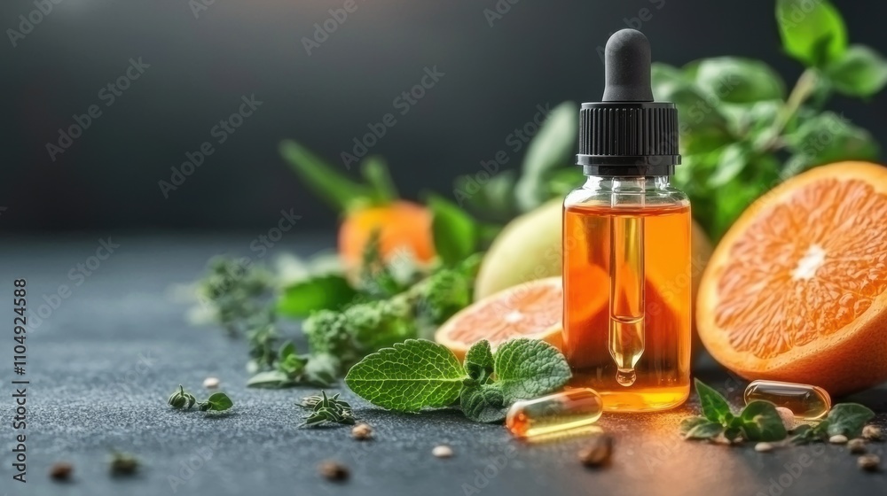 A bottle of organic liquid vitamins with a dropper, surrounded by fresh fruits, vegetables, and herbs, highlighting the use of whole food ingredients and a natural approach to supplementation. A bottle of organic liquid vitamins with a dropper, surrounded by fresh fruits, vegetables, and herbs, highlighting the use of whole food ingredients and a natural approach to supplementation.