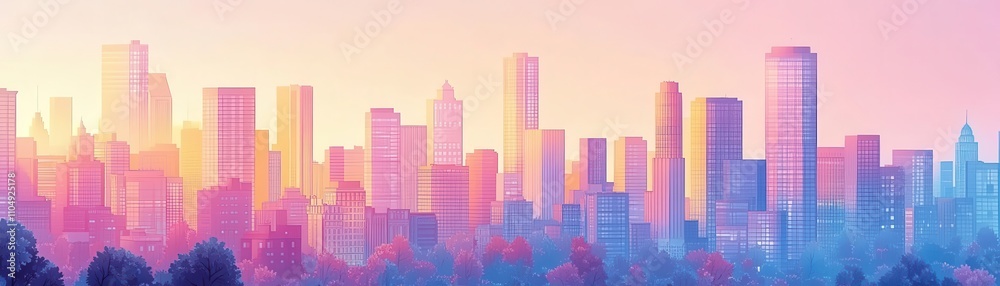Naklejka premium Enchanted cityscape in gradient pastels, Gradient urban magic, whimsical architecture