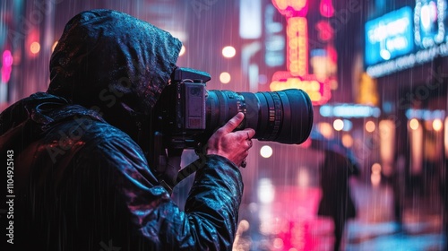 Cyberpunk-styled photographer with a long telephoto lens, taking