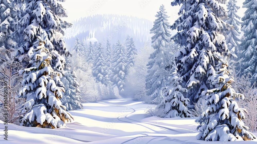 Naklejka premium A snowy forest scene with tall pine trees covered in snow.