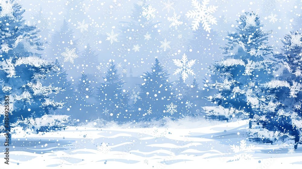 A winter landscape with snow falling, trees, and a snowy field. A winter landscape with snow falling, trees, and a snowy field.