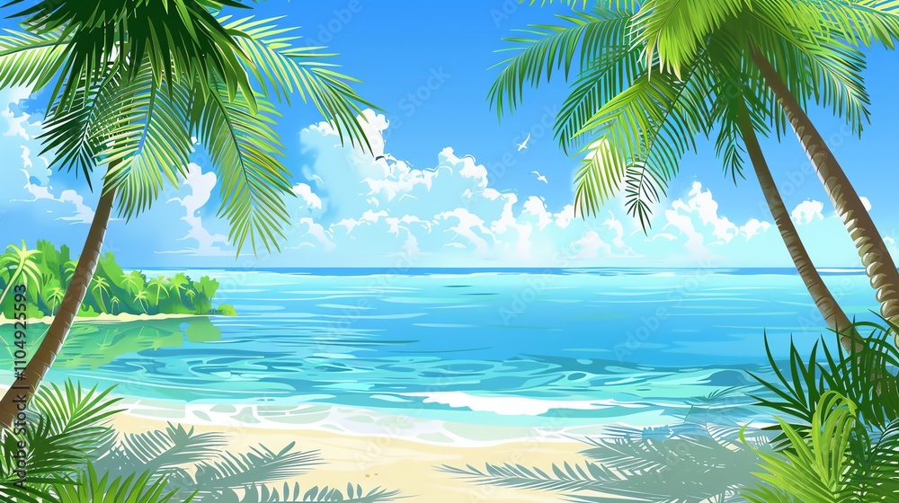 A cartoon illustration of a tropical beach with palm trees and a blue ocean. A cartoon illustration of a tropical beach with palm trees and a blue ocean.