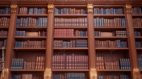 Detailed library scene with organized books on large shelves,