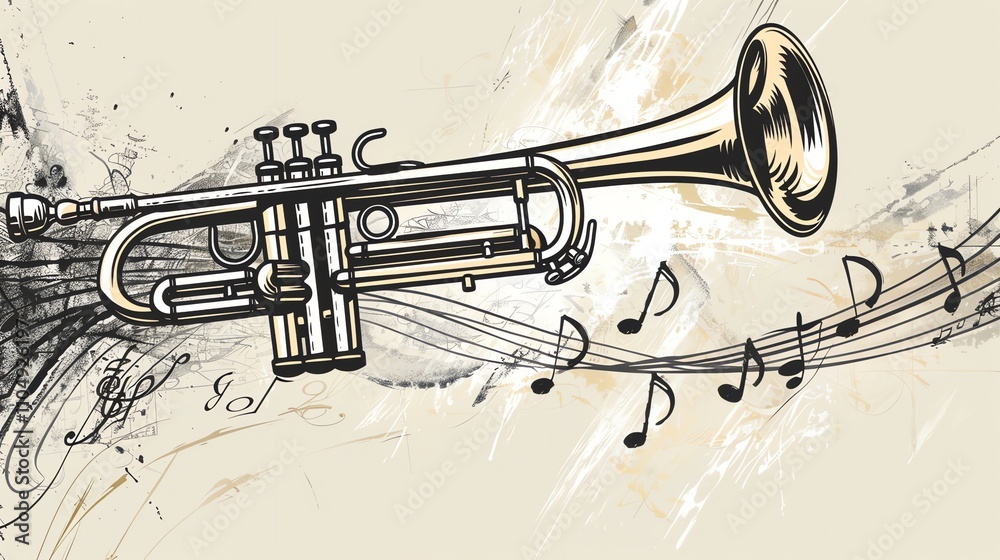 Trumpet with music notes on a beige grunge background. Trumpet with music notes on a beige grunge background.