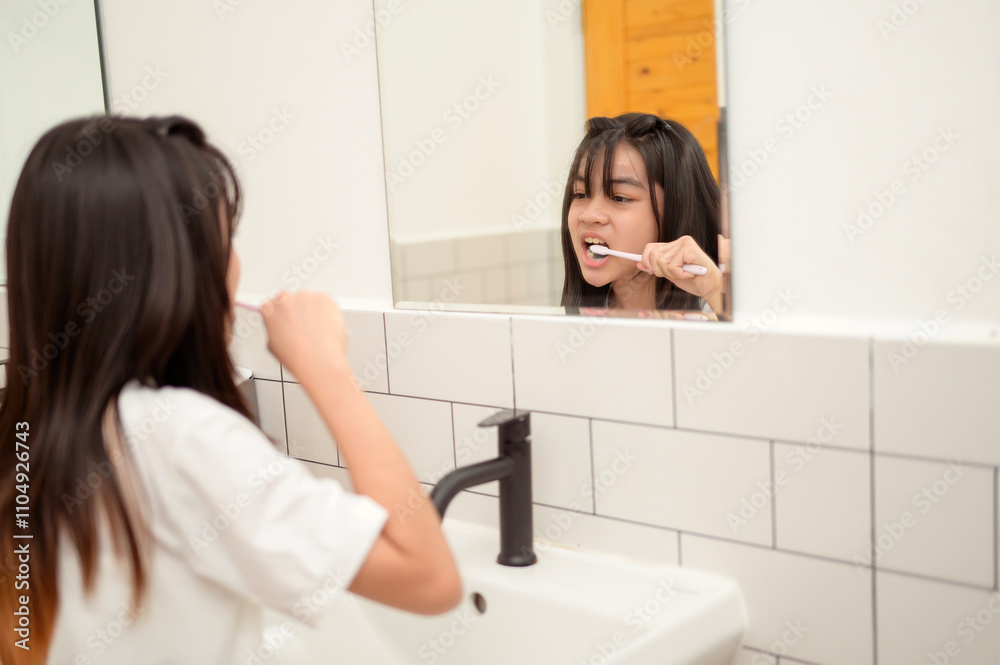 A young woman brushing her teeth in restroom A young woman brushing her teeth in restroom