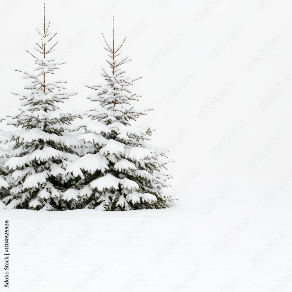 Obraz premium Two snow-covered evergreen trees stand in a field of fresh snow against a bright white background.
