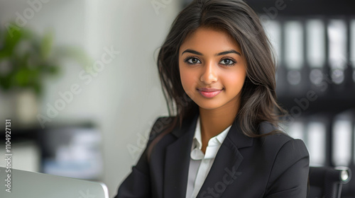 Professional portrait of a young Indian businesswoman in formal attire at a modern office, representing leadership and ambition. Free Download Professional portrait of a young Indian businesswoman in formal attire at a modern office, representing leadership and ambition. - GFXLoad