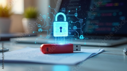 Secure flash drive with digital lock projected above it in a modern workspace