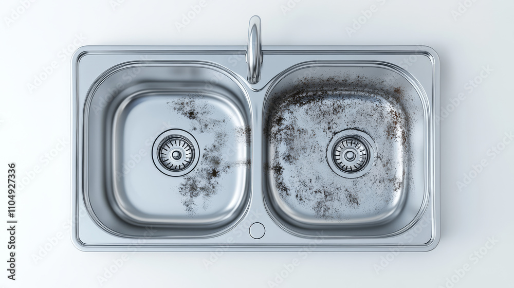 Stainless steel sinks top view 3d mockup. Kitchen metal washbasin with water and rust, double bowl for dirty and clean dishes. household stuff isolated on white background, Realistic vector mock up Stainless steel sinks top view 3d mockup. Kitchen metal washbasin with water and rust, double bowl for dirty and clean dishes. household stuff isolated on white background, Realistic vector mock up