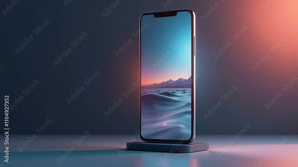 Sleek smartphone showcasing an image gallery interface on a minimalistic stand with captivating ocean scenery Sleek smartphone showcasing an image gallery interface on a minimalistic stand with captivating ocean scenery