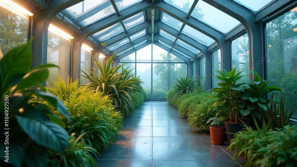 Futuristic greenhouse interior with LED lights and automated plant care systems through geometric windows Futuristic greenhouse interior with LED lights and automated plant care systems through geometric windows