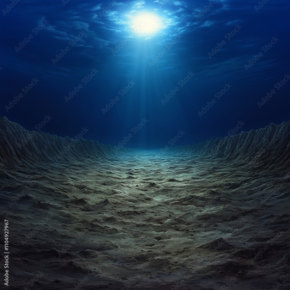 Obraz premium Underwater ocean floor landscape with sun rays penetrating the deep blue water.