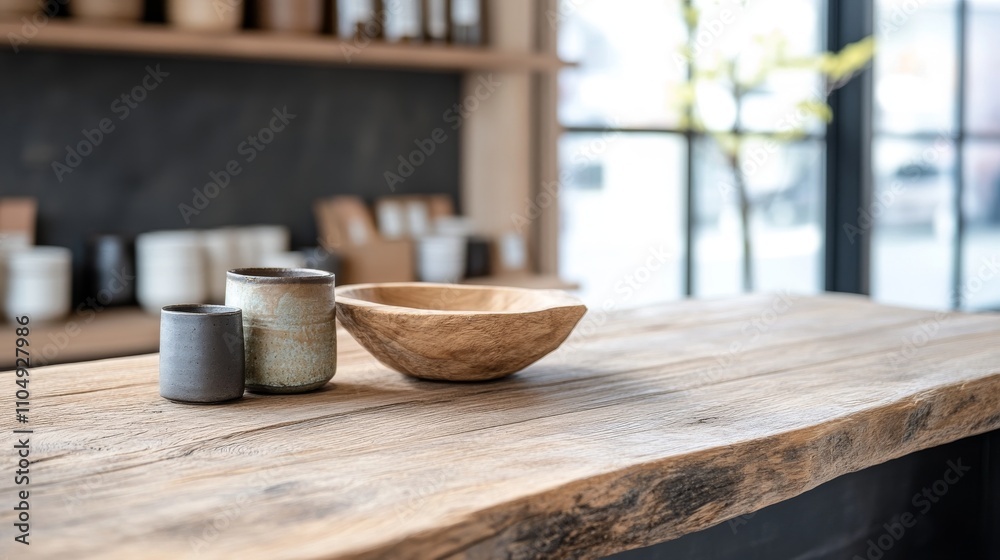 Rustic Wooden Table Top with Simple Display of Bowls and Cups Rustic Wooden Table Top with Simple Display of Bowls and Cups
