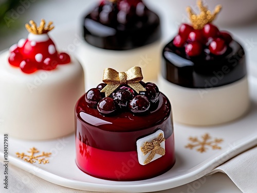 A white plate topped with three small desserts covered in red and black jelly photo