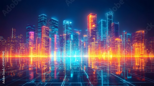 Vibrant futuristic cityscape at night, reflecting in glowing grid.