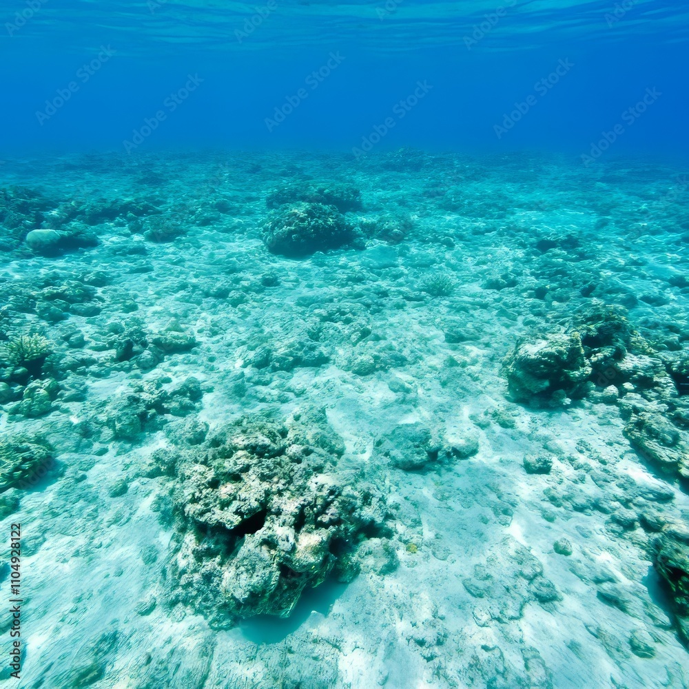 Fototapeta premium Underwater scene of a sandy seabed with scattered coral formations.