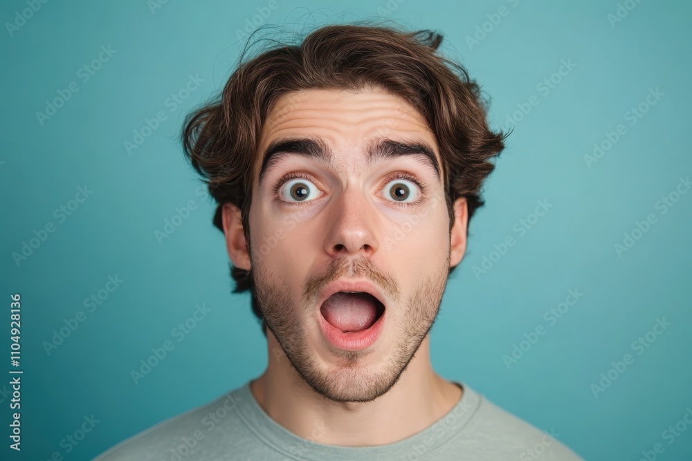 Close-up of a surprised young man with open mouth and wide eyes against a teal background. Perfect for illustrating shock, amazement, or disbelief in designs. Close-up of a surprised young man with open mouth and wide eyes against a teal background. Perfect for illustrating shock, amazement, or disbelief in designs.