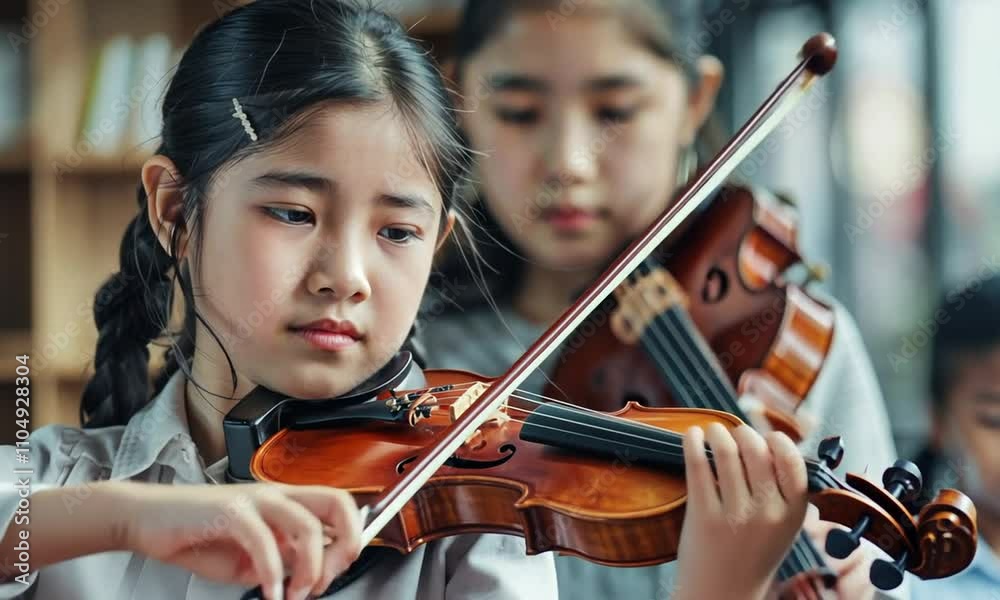 Two girls playing violins in a focused musical practice session. Two girls playing violins in a focused musical practice session.