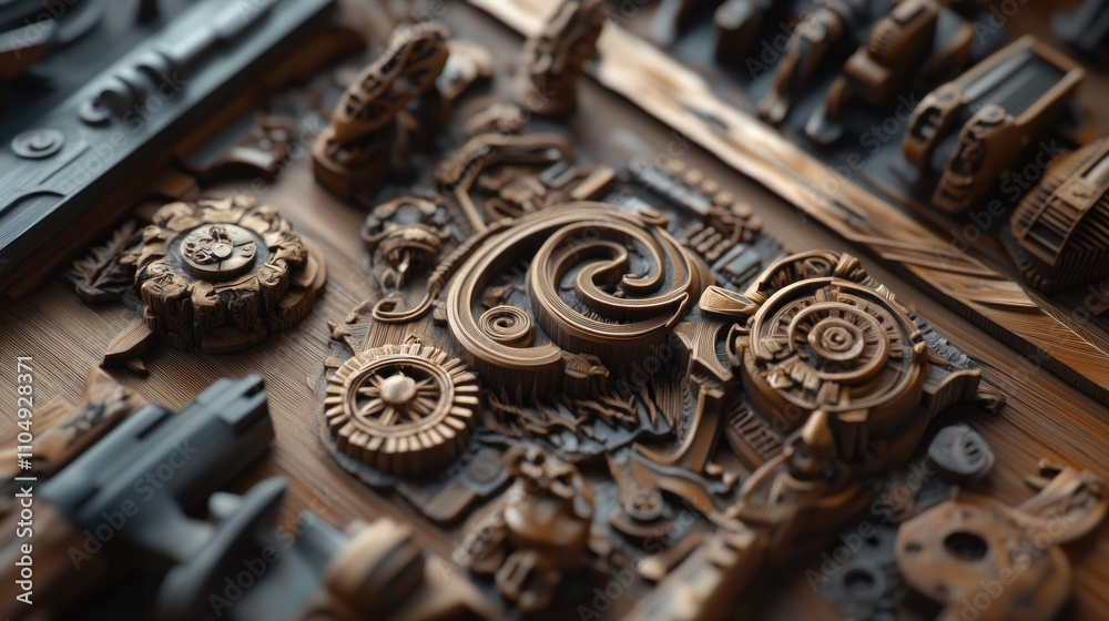 Intricate Wooden Carving of Steampunk Inspired Machinery Intricate Wooden Carving of Steampunk Inspired Machinery