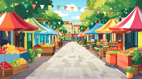 A colorful cartoon illustration of a street market with stalls selling fresh produce.