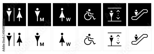 Universal Public Signage Icons for Restrooms, Accessibility, Elevators, and Excalator. Male and female toilet icon and symbols. disabled icon. restroom icons and public pictogram.