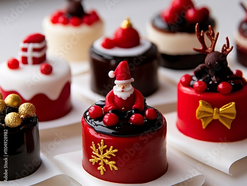 A group of small cakes decorated with red and white frosting and decorations photo