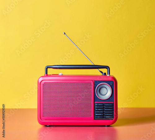 Retro red radio with antenna on colorful background.  Vintage radio on vibrant yellow surface. 