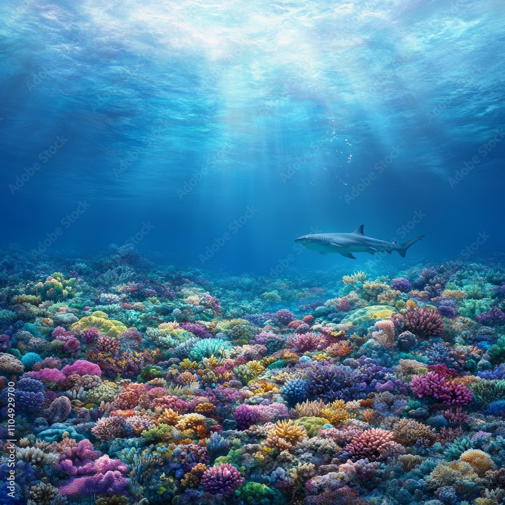 Fototapeta premium Vibrant coral reef teeming with life, a shark gracefully swims overhead, sunlight penetrates the crystal-clear water.
