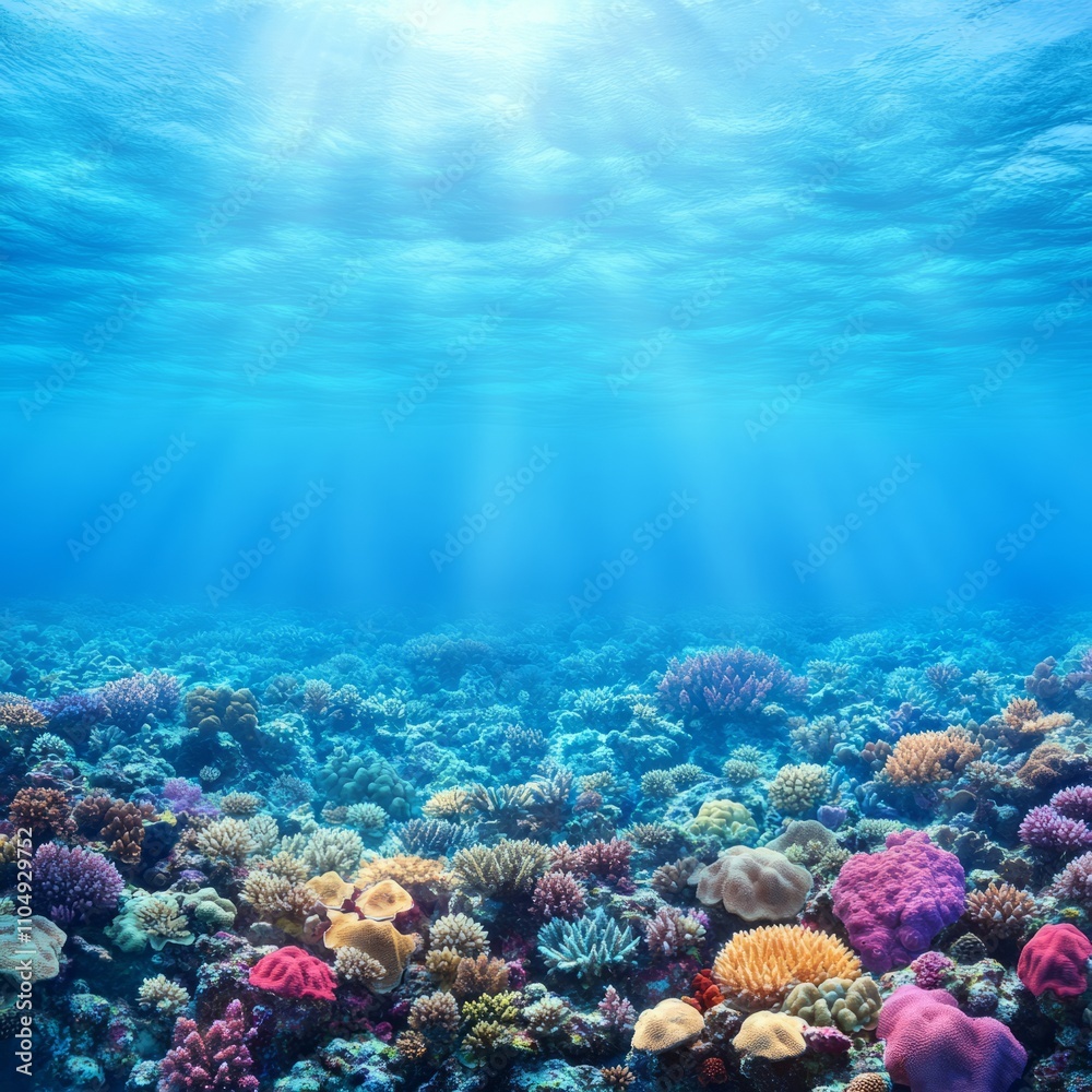 Naklejka premium Vibrant coral reef underwater scene with sun rays.