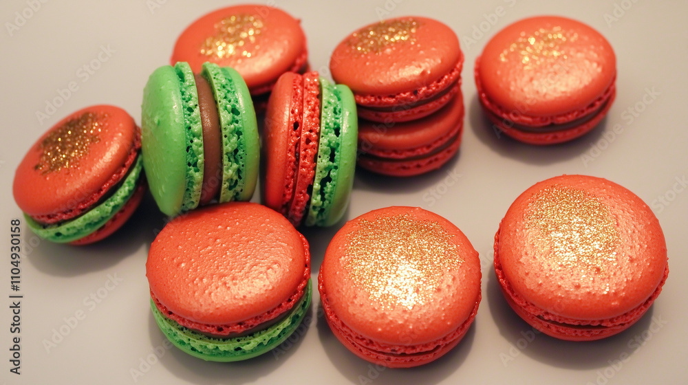 A festive macaron wreath made of red, green, gold, and white macarons, accented with sprigs of holly and golden bells for Christmas and New year, Generative AI A festive macaron wreath made of red, green, gold, and white macarons, accented with sprigs of holly and golden bells for Christmas and New year, Generative AI