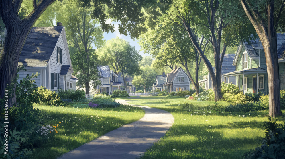 View on suburban landscape from forest with green trees and grass, soil path leading to family houses with yards. Cartoon vector illustration of suburb countryside neighborhood scene with cottages. View on suburban landscape from forest with green trees and grass, soil path leading to family houses with yards. Cartoon vector illustration of suburb countryside neighborhood scene with cottages.