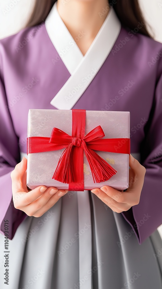 Asian young female in traditional hanbok holding wrapped gift box with red ribbon Asian young female in traditional hanbok holding wrapped gift box with red ribbon