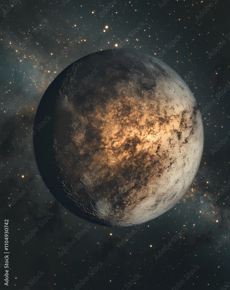 Fototapeta premium A planet with dark gray and light brown colors, a starry sky background, photorealistic in style