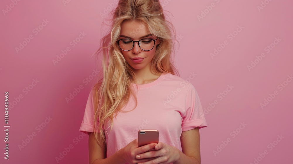 Blonde woman in pink shirt uses phone. Perfect for blogs, websites, and social media, depicting modern communication. Blonde woman in pink shirt uses phone. Perfect for blogs, websites, and social media, depicting modern communication.